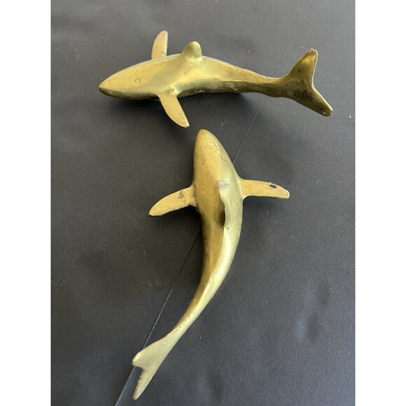 Vtg Mid Century Solid Brass Set 2 Sharks Paperweight Nautical Coastal Approx 8” - Picture 4 of 14